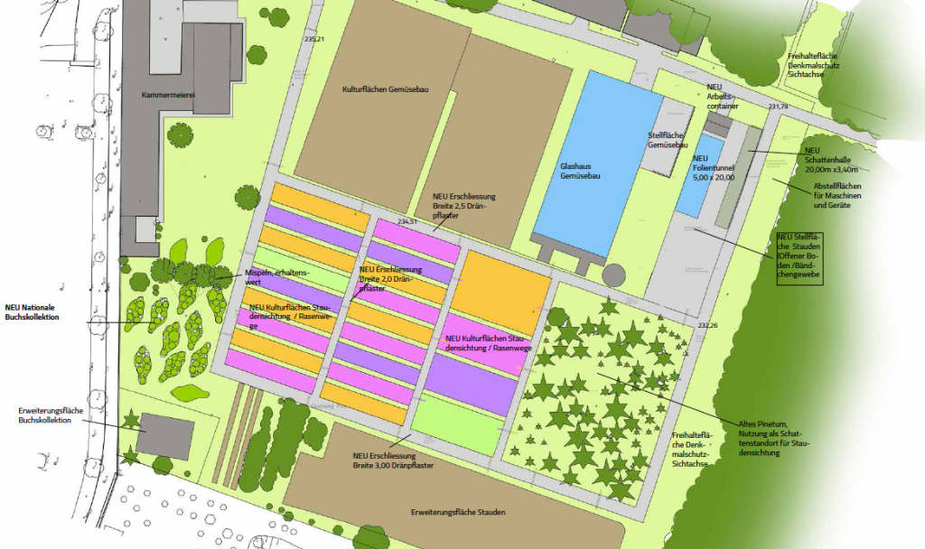 Die bunt gestreifte Fläche wird 2017 zum Staudensichtungsgarten