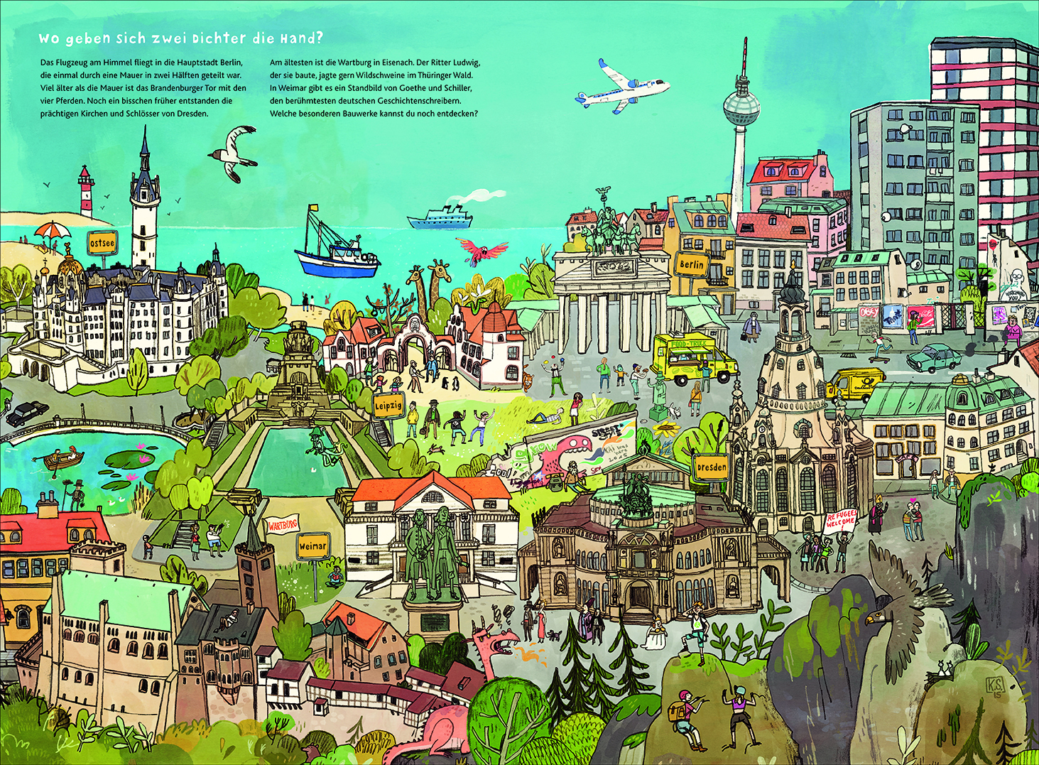 „Wo geben sich zwei Dichter die Hand“ Illustrationen von Kai Schüttler aus: Eine Wimmelreise durch Deutschland von Brigitte Hoffmann © S. Fischer Verlag GmbH, Frankfurt am Main 2016
