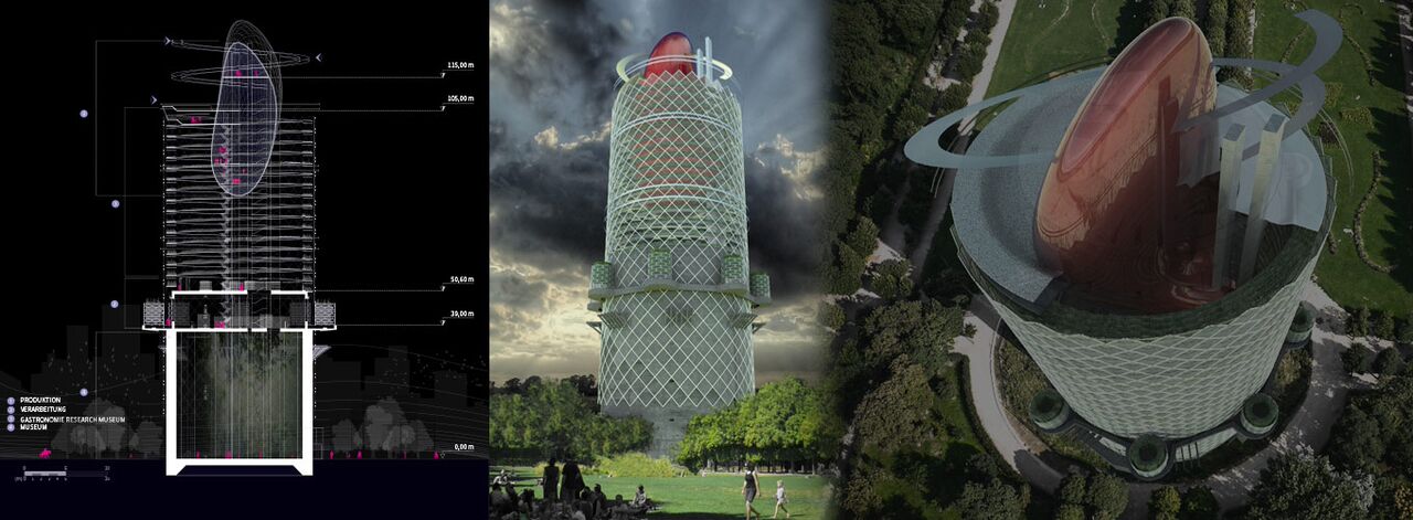 Zukunftsvision: eine Vertical Farm im Wiener Augarten. Illustriert vom Vertical Farming Institute