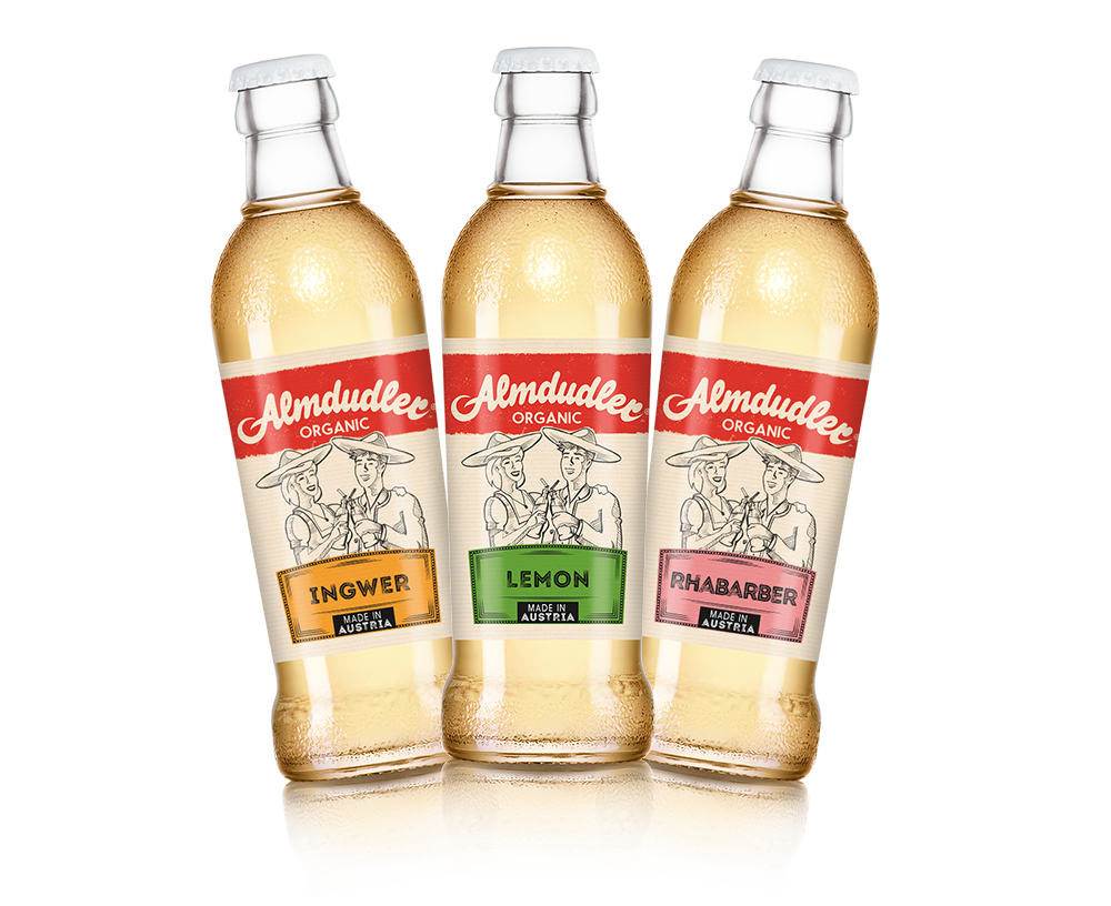 Bio, vegan und mit stolzem 'Made in Austria' durchaus auch für den Export gedacht: Almdudler Organic Ingwer, Almdudler Organic Lemon und Almdudler Organic Rhabarber.