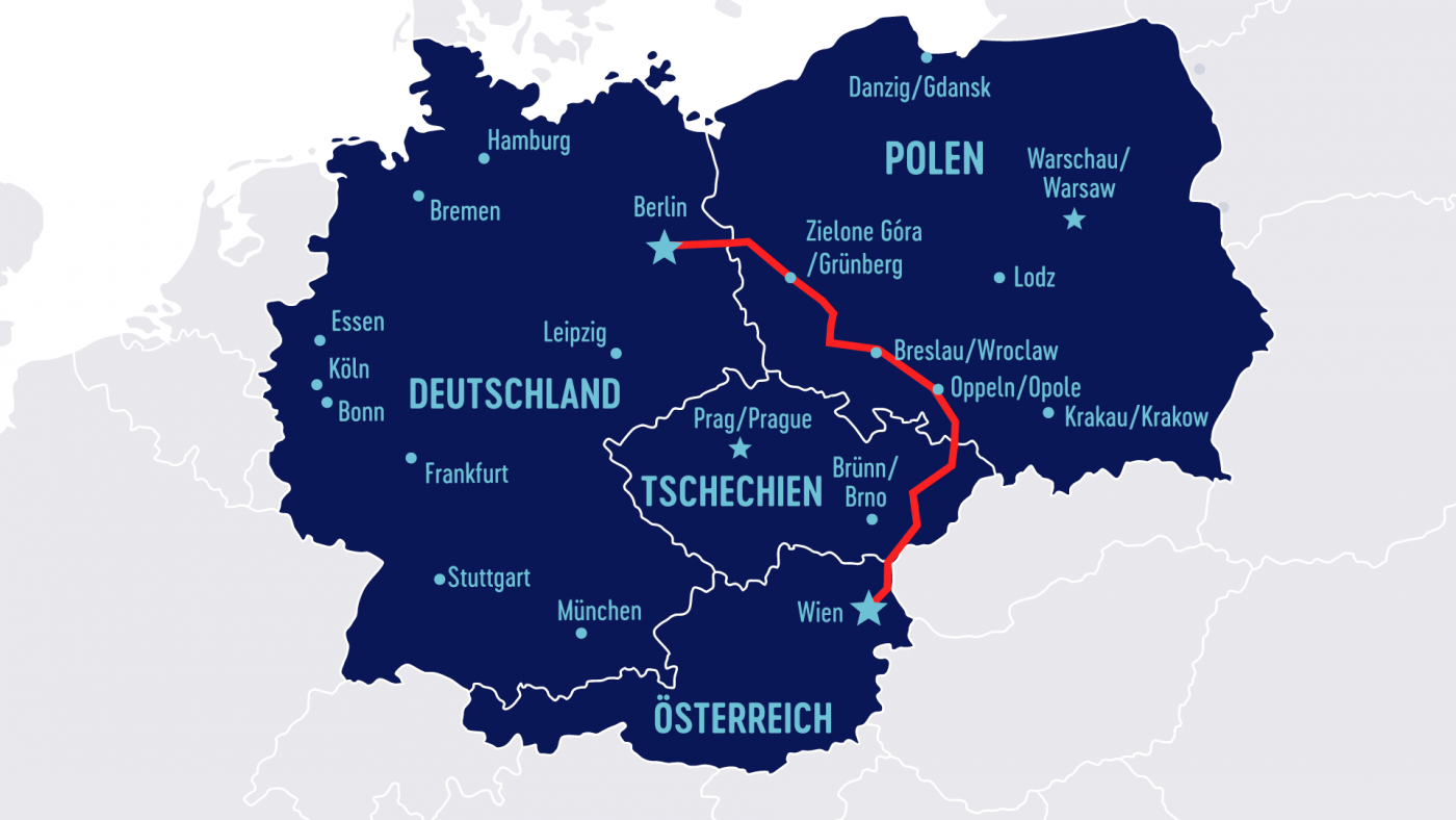 Grafik der Zugverbindung Wien-Berlin über Tschechien und Polen