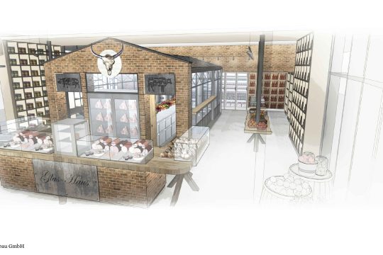 Erstentwurf der Innengestaltung der Biomarkthalle in Linz.