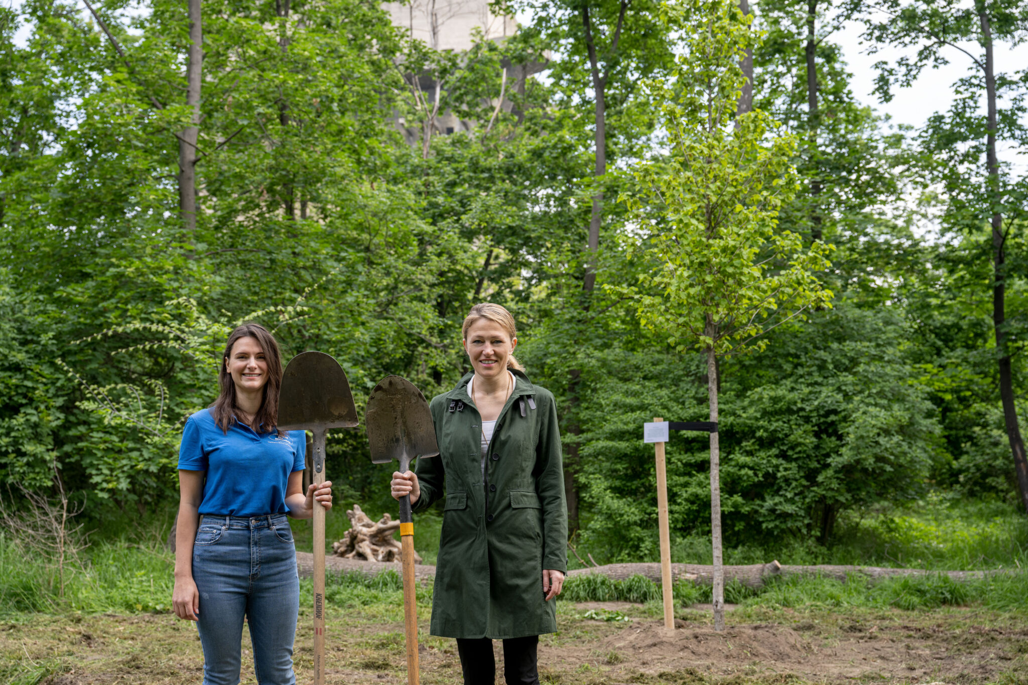 Zum Auftakt der Umweltaktion „Let It Grow“ pflanzte Menschen für Menschen gemeinsam mit den Österreichische Bundesgärten einen Jungbaum im Wiener Augarten. (v.l.n.r. Jasmin Holzmann, Öffentlichkeitsarbeit, Menschen für Menschen; Mag.a Katrin Völk, Dienststellenleiterin HBLFA für Gartenbau und Österreichische Bundesgärten)