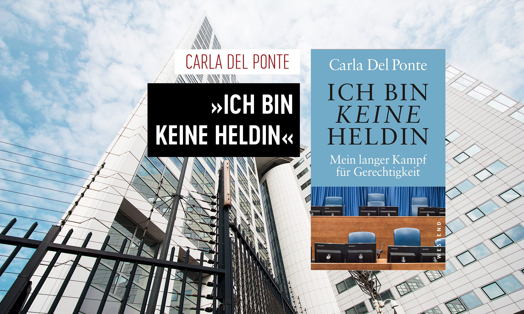 Das Cover des Buchs, im Hintergrund ein Fotos der Internationale Strafgerichtshof in Den Haag. Bild: istock/thehague