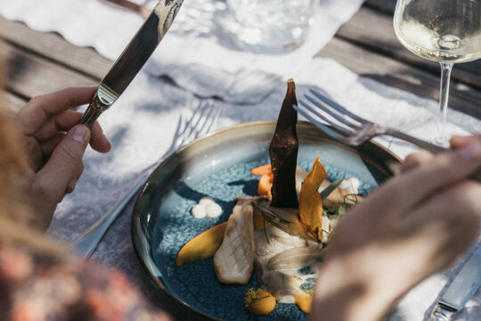 Zu sehen ist ein gedeckter Tisch mit einem Gericht, zwei Händen mit Besteck und einem Glas.
