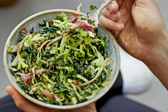 Zu sehen ist eine große Schüssel mit Salat aus Grünkohl.