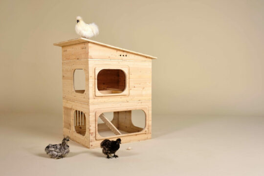 Man sieht ein hölzernes Hühnerhaus.