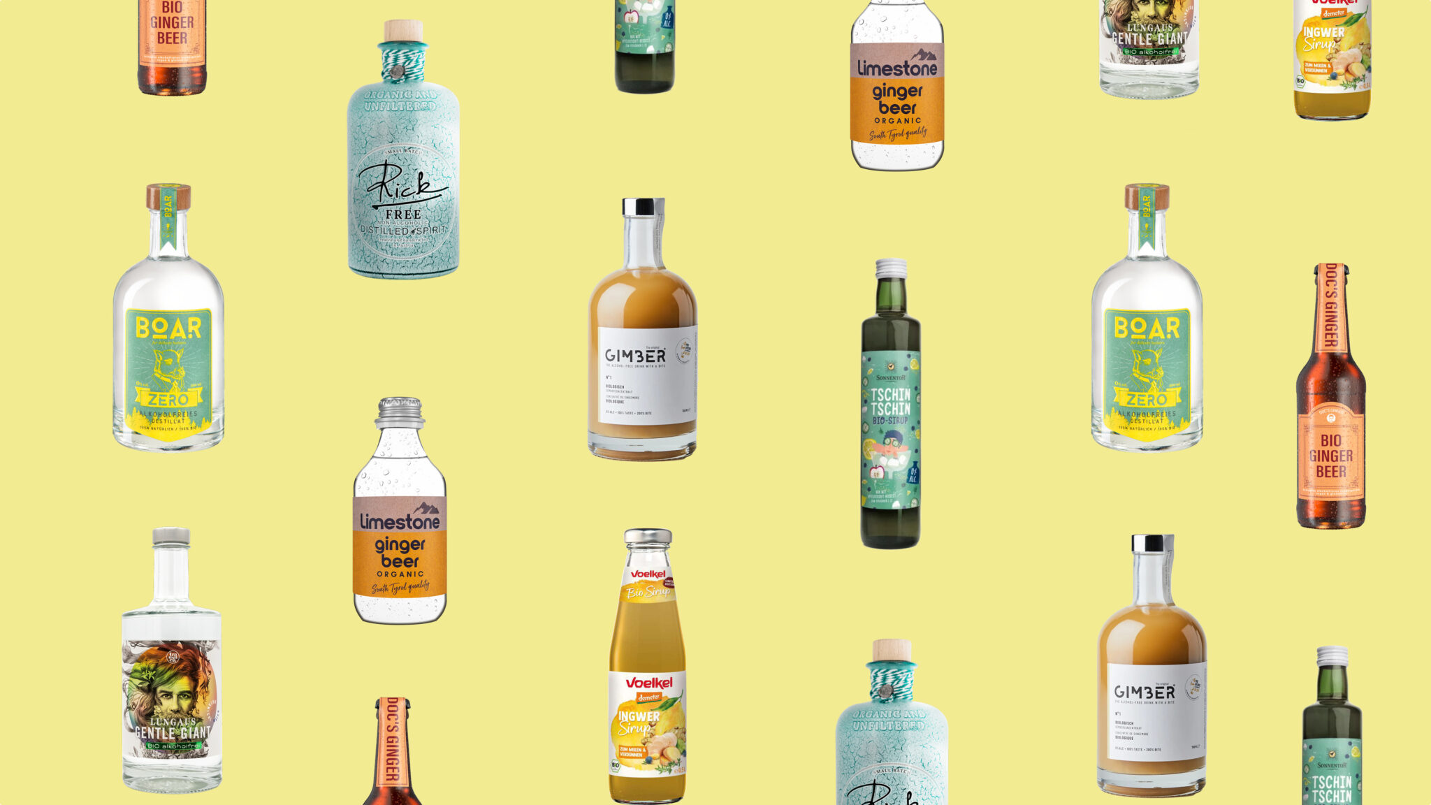 Verschiedene alkoholfreie Alternativen zu Gin mit Ingwer.