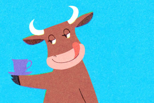 Eine Illustration einer Kuh, die Kaffee trinkt.