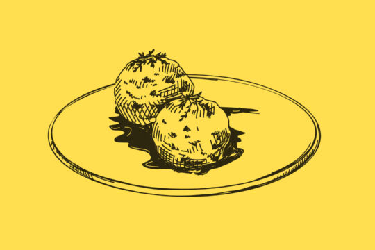 Eine Illustration von zwei Knödeln auf einem Teller.