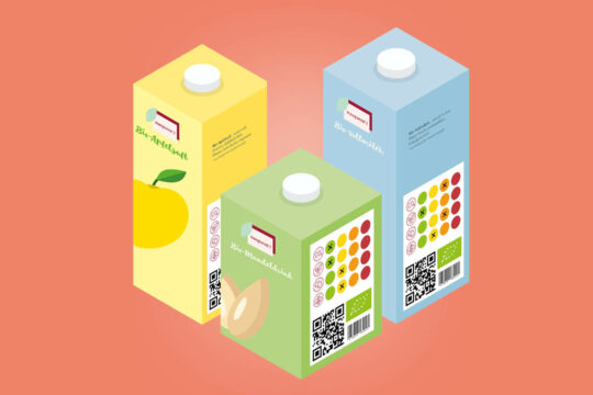 Illustration von Getränkeverpackungen mit einer erfundenen Nachhaltigkeistkennzeichnung im Ampelsystem.