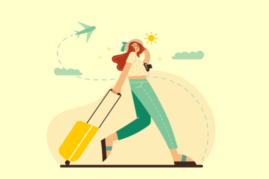 Eine Illustration einer Person die mit dem Koffer geht und im Hintergrund Wolken und ein abhebendes Flufzeug.