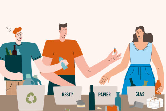 Eine Illustration von Personen, die gemeinsam Müll in verschiedene Behälter sortieren.