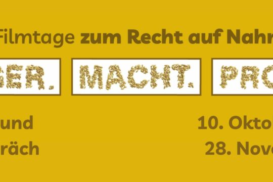 Das Logo der Veranstaltung »Hunger.Macht.Profite« auf gelbem Hintergrund.