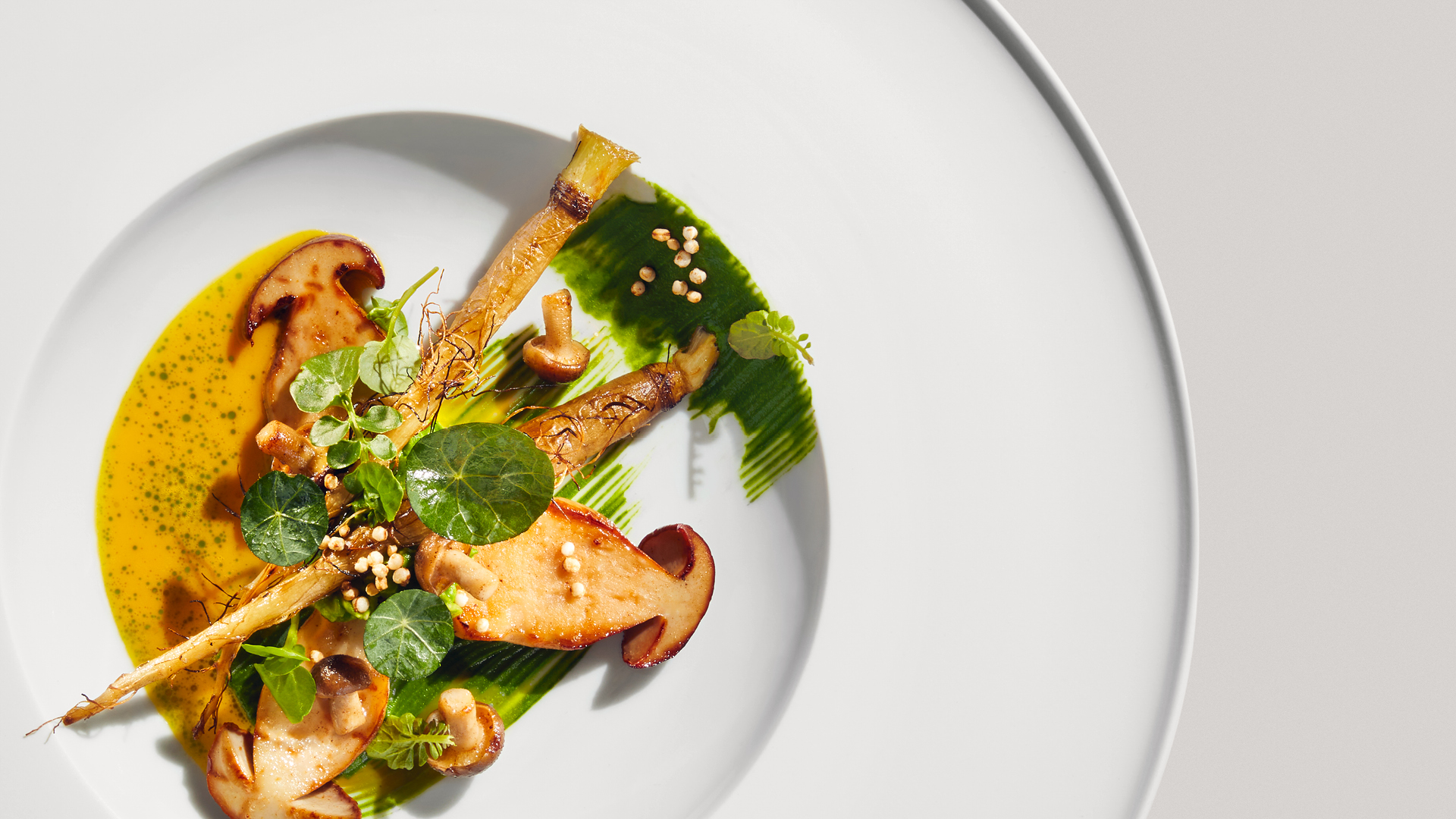 Ein ästhetisch angerichtetes Gericht mit Pilzen von oben fotografiert.