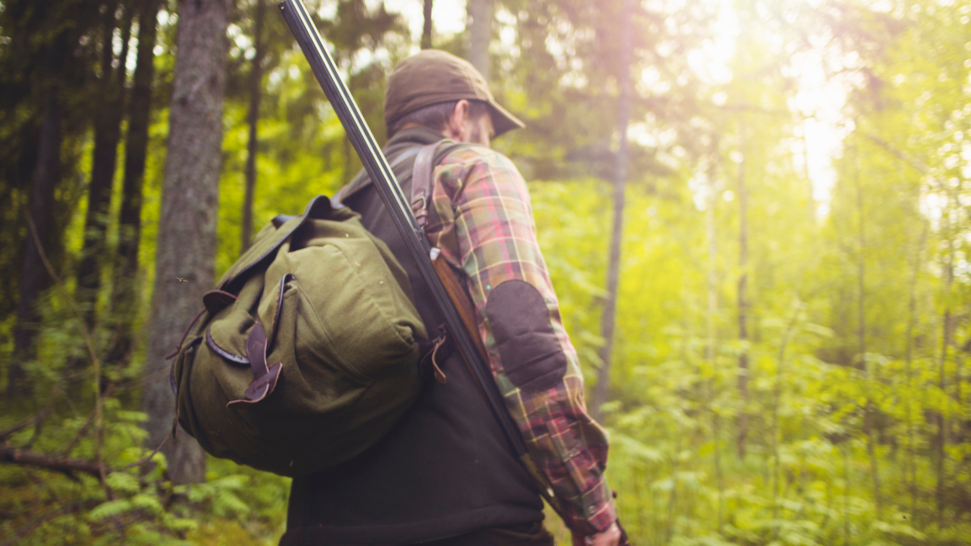 Ein Mensch geht mit einem Jagdgewehr durch den Wald.