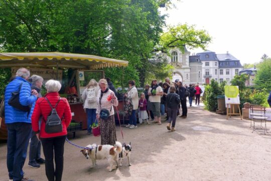 Mehrere Personen stehen an einem Stand auf einer Messe und betrachten Pflanzen.