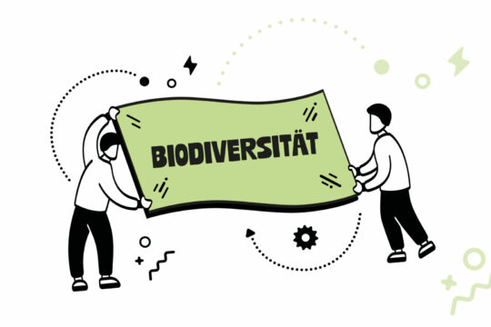 Eine Illustration von zwei Personen die ein Schild mit der Aufschrift »Biodiversität« halten.