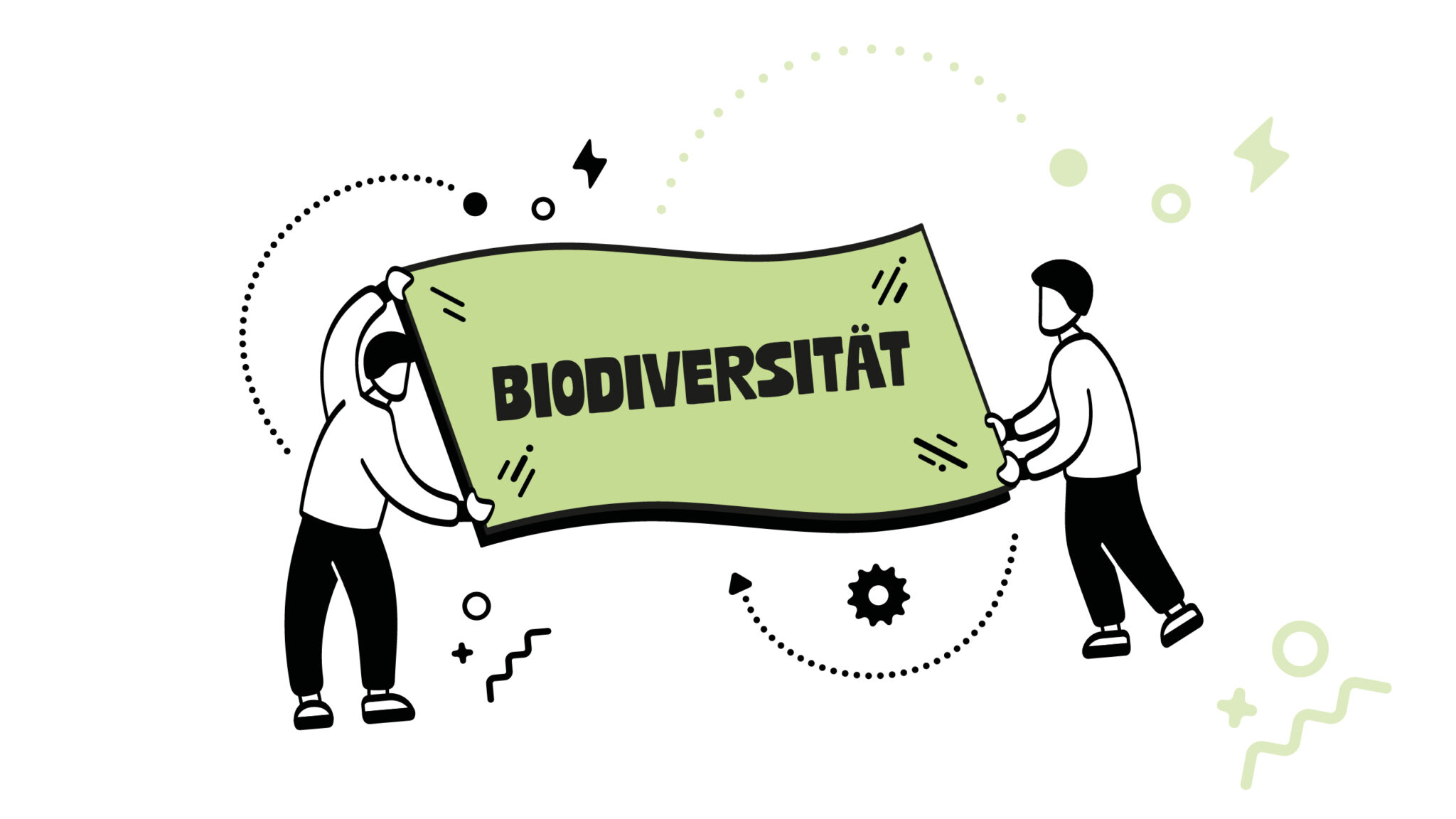 Eine Illustration von zwei Personen die ein Schild mit der Aufschrift »Biodiversität« halten.