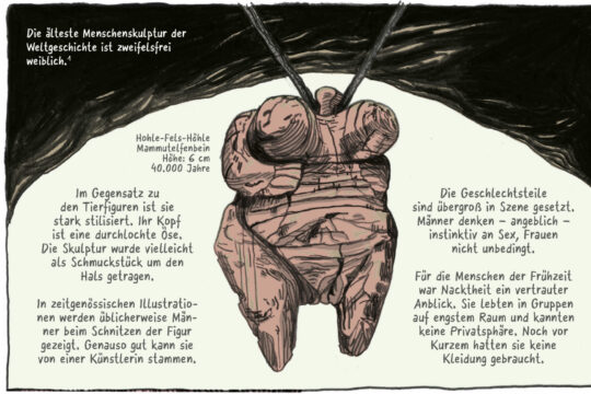 Eine Illustration zeigt die älteste Menschensskulptur der Welt. Beschriftungen geben weitere Informationen dazu wie die Größe und das Alter.