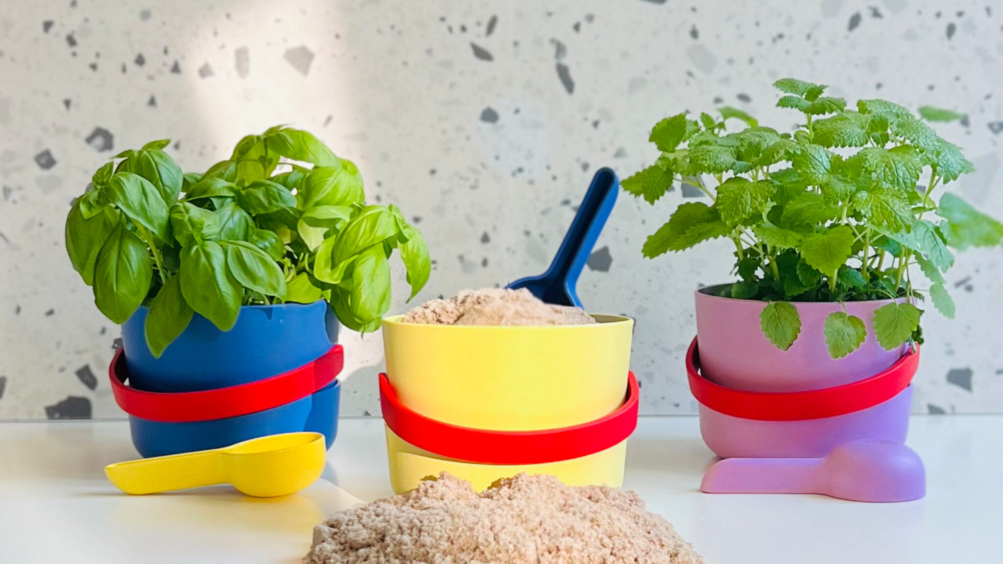 Drei bunte Sandspielkübel stehen nebeneinander, aus zwei von ihnen wachsen Kräuter, der dritte ist mit Sand gefüllt.