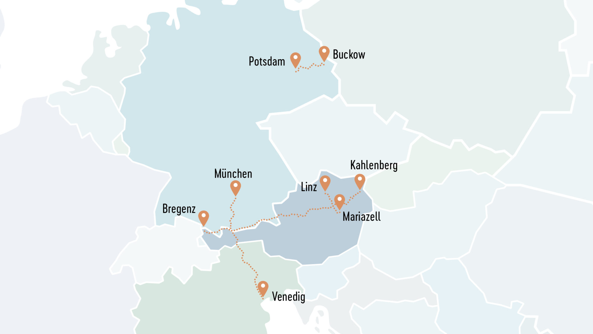 Eine Karte Europas mit einigen eingezeichneten Wanderwegen.