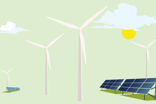 Eine Illustration von Windrädern und Photovoltaikanlagen.