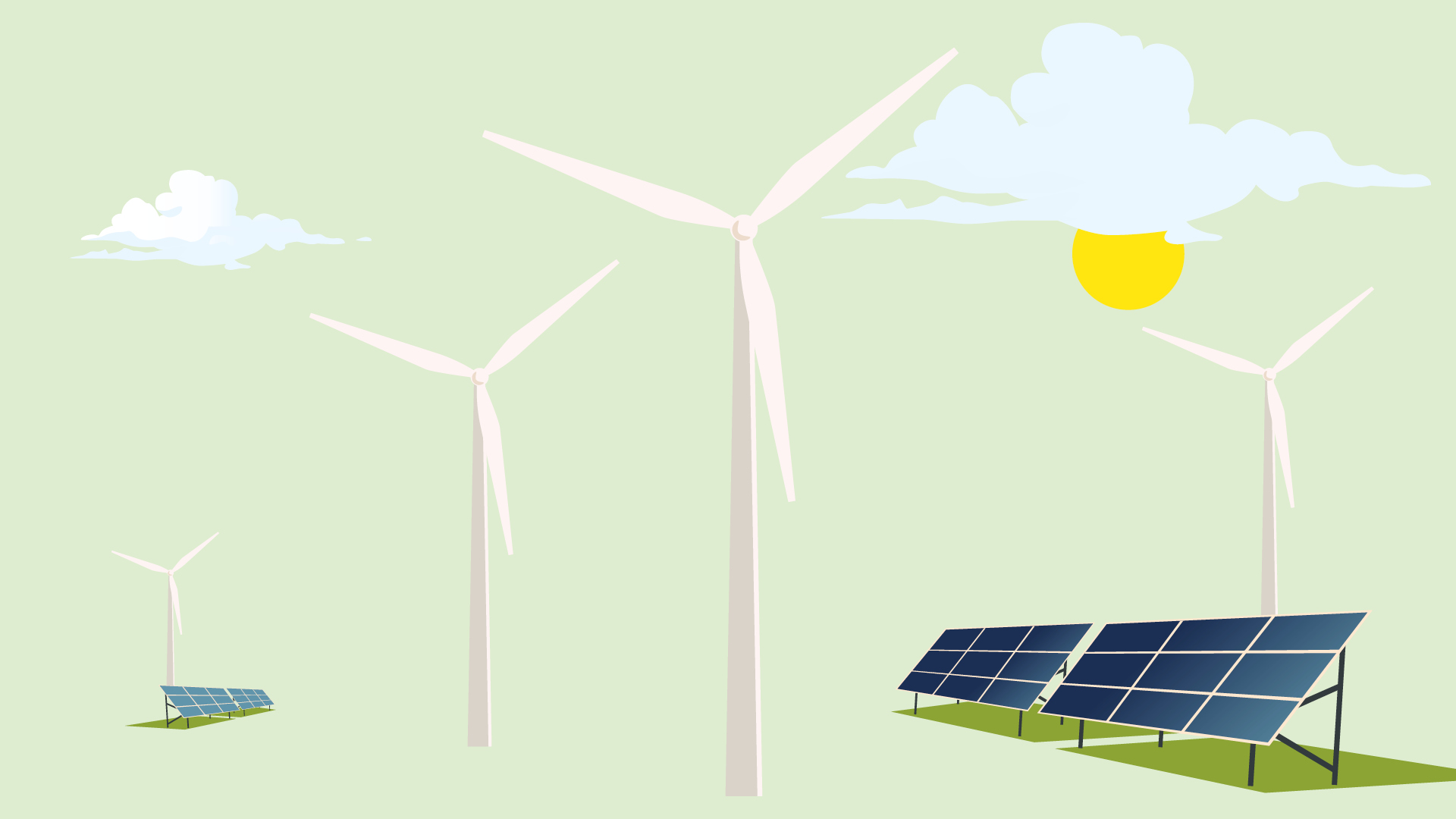 Eine Illustration von Windrädern und Photovoltaikanlagen.