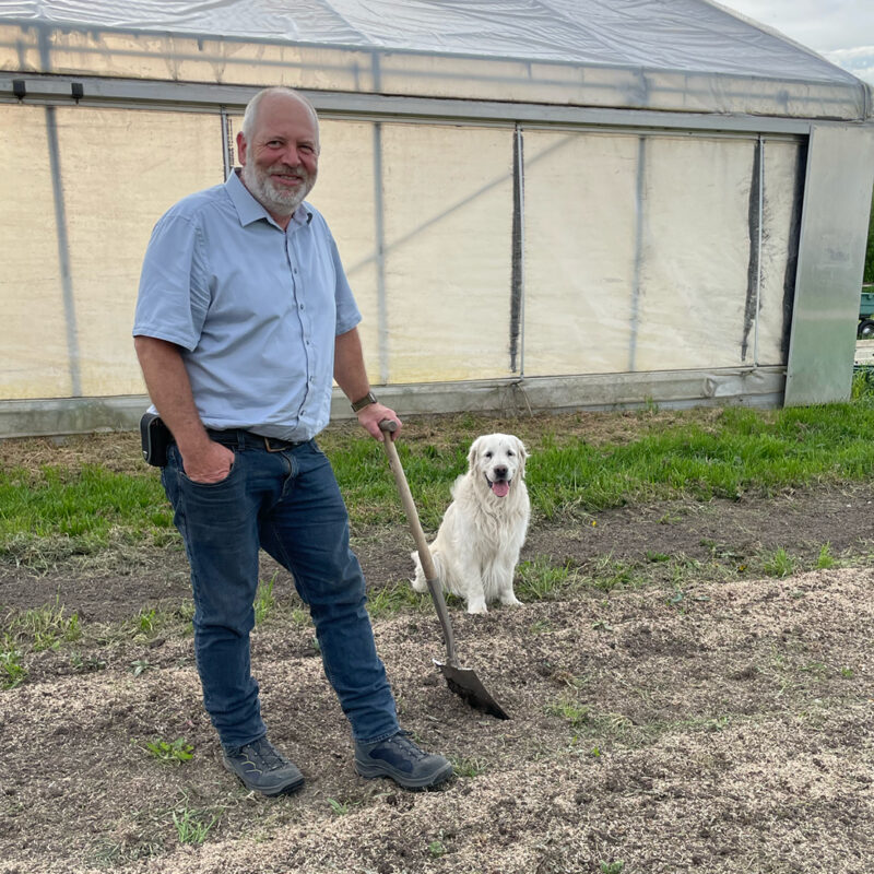 Ein Mensch steht in einem Garten, daneben ist ein Golden Retriever.