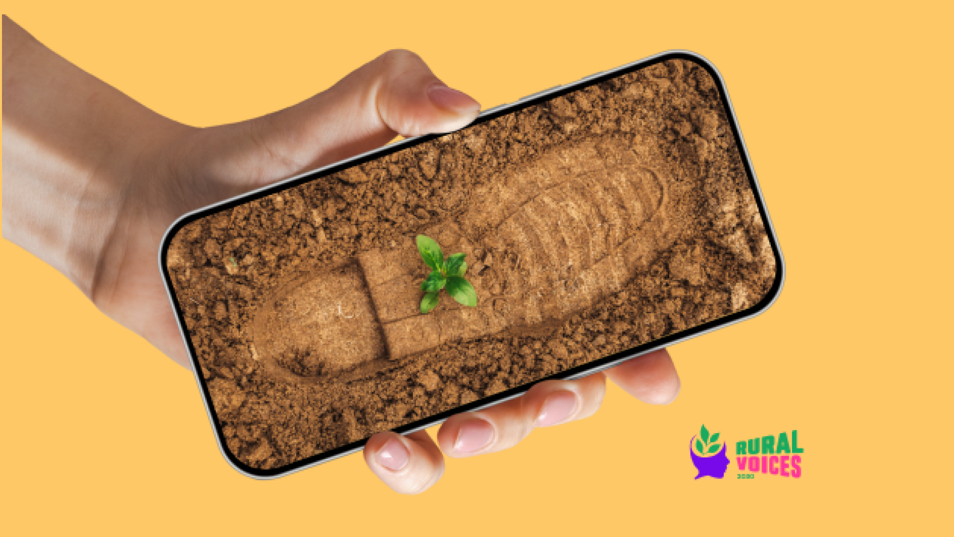 Eine Person hält eine rechteckige Box mit Erde, auf der ein Schuhabdruck zu sehen ist.