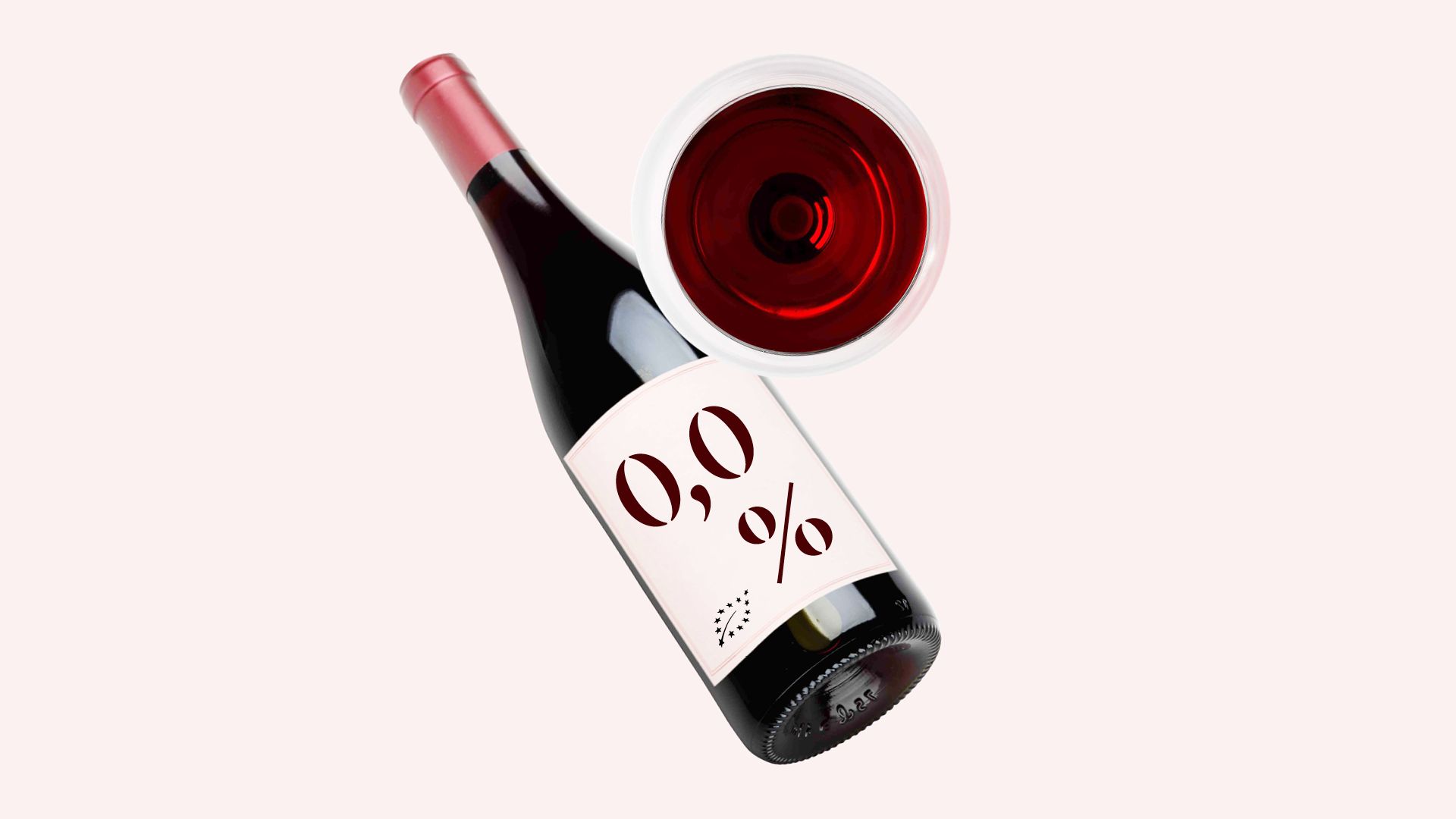 Eine Illustration einer Rotweinflasche und eines -Glases, auf der Flasche ist 0,0% gedruckt.