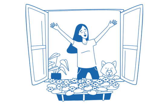 Eine Illustration einer Person, die aus einem offenen Fenster blickt, neben ihr eine Pflanze und ein Hund.