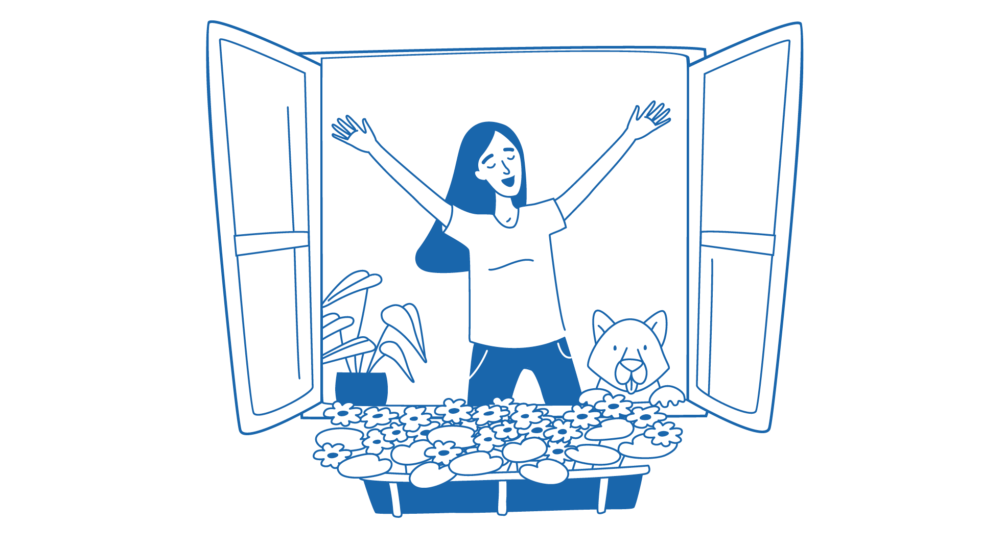 Eine Illustration einer Person, die aus einem offenen Fenster blickt, neben ihr eine Pflanze und ein Hund.