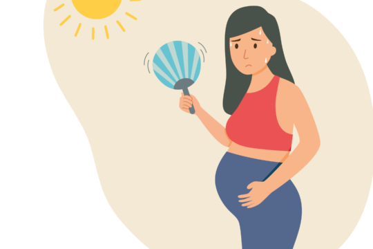 Eine Illustration einer schwangeren Person, die sich unter der Sonne Luft mit einem Fächer zuweht.