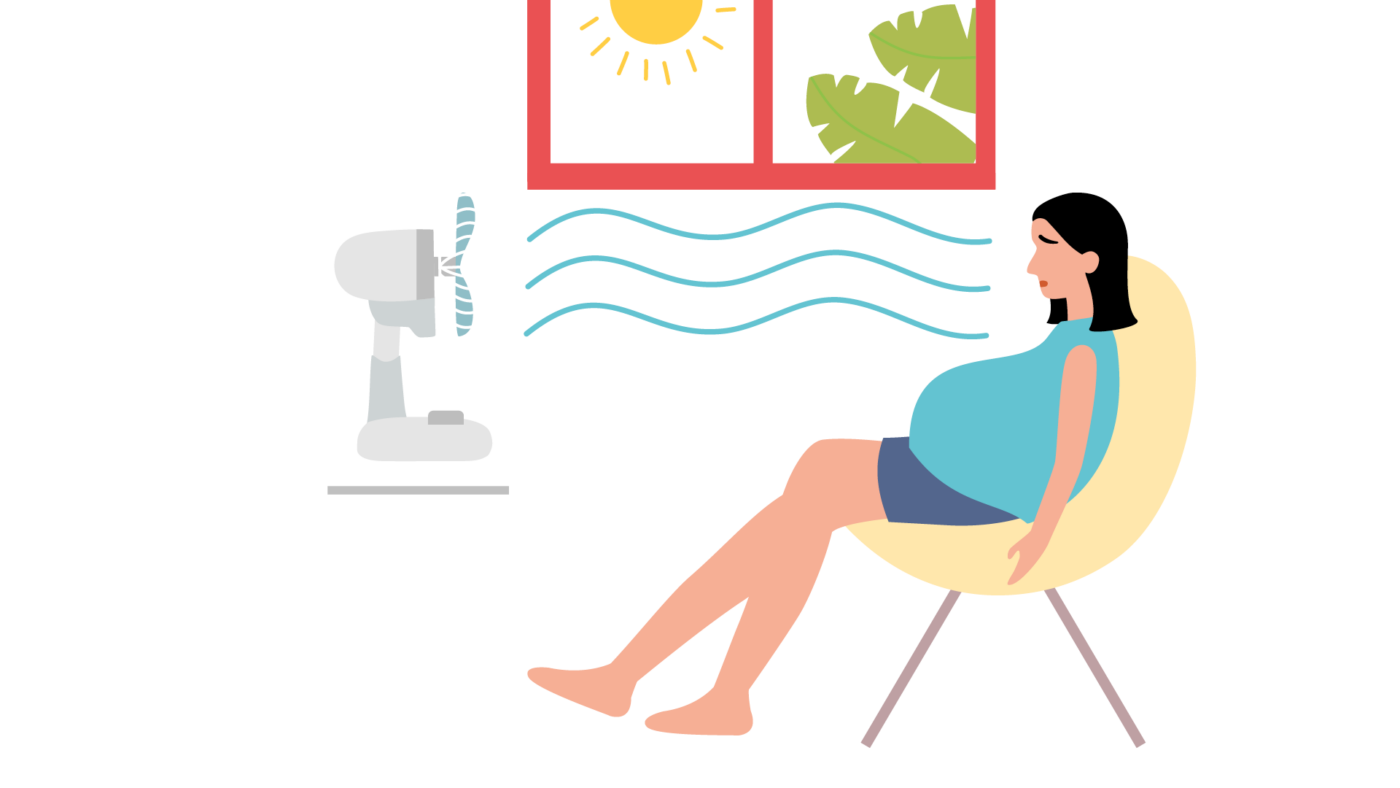 Eine Illustration einer schwangeren Person, die an einem heißen Tag vor einem Ventilator sitzt.