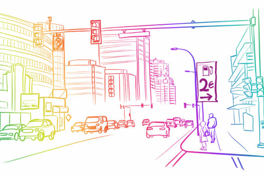Eine Grafik, die Autos au einer Straße sowie zwei stehende Menschen zeigt.