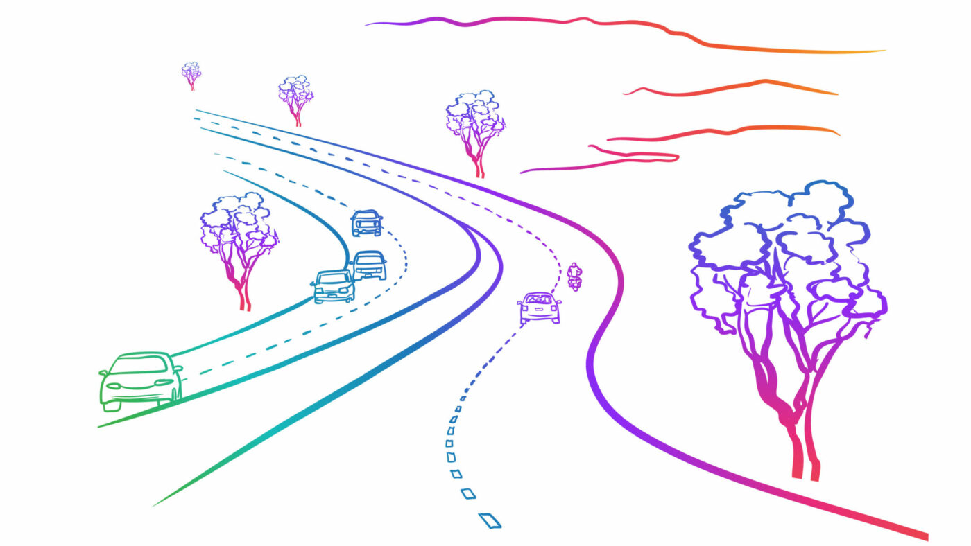 Eine Grafik, die eine Straße zeigt, auf dieser befinden sich einige Autos sowie ein Motorrad.